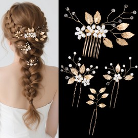 4 Pcs Bridal Wedding Hair Pins Gold Crystal Pearl Hair Clips Leaf Bridal Head Piece Rhinestone Updo Headpiece Vintage Wedding Jewelry Accessories for Women Girls Brides Bridesmaids