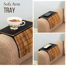 DECOLIFE HOME DECOR Sofa Arm Tray Sofa Arm Table Flexible Sofa Arm Tray Wood Sofa side table Sofa Arm Tray Table Armchair Caddy Sofa Armrest Organiser (Leather Covered Tray, Brown)