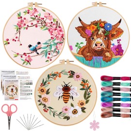Offizon 3 PCS Embroidery Kit for Beginners - Embroidery Patterns, Embroidery Accessories & Hoop Included, Hand Embroidery Kit for Adults Stitching Sewing Kit Gift | AnimalA Patterns
