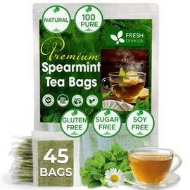 FreshDrinkUS, Premium 45 Spearmint Tea Bags, 100% Natural Spearmint Leaves. Loose Leaf Spearmint Herbal Tea. Spearmint Leaf Tea. No Sugar, No Caffeine, No Gluten, Vegan.