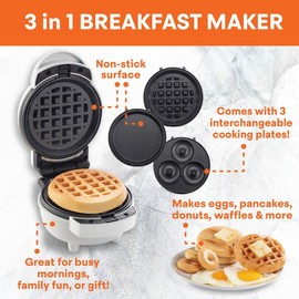 MasterChef 3-in-1 Mini Holiday Breakfast Maker- Make Eggs Pancakes Donuts Waffles & More in 1 Easy to Use Appliance! 3 Removable NonStick Cooking Plates for Quick Cleaning Storing- Compact Cooker Gift
