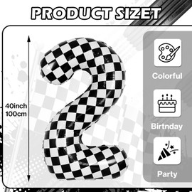 40 Inch Checkered 2 Balloons, Black and White Foil Number 2 Balloons for Race Car 2th Birthday Party Decorations, Boys Girls Racing Car Track Theme Supplies
