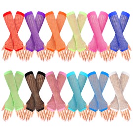 BELLE VOUS Pack of 12 Long Mesh Gloves - Fingerless Nylon Mesh Arm Warmers in Various Colours - Neon Mesh Gloves for 80s Retro/Dance Party, Tutu & Costume Accessories - For Women & Girls,