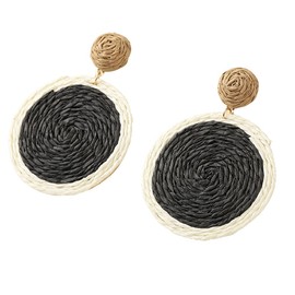 Rattan Earrings Lightweight Boho Colorful Raffia Earrings for Women Handmade Rattan Ball Disc Dangle Drop Earrings Straw Wicker Braid Hoop Earring-black