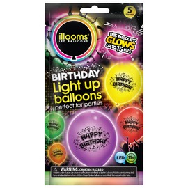 illooms Happy Birthday Light Up Balloons 5 Pack - Mixed Colour Latex LED Balloons