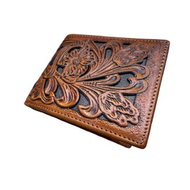 Western Stakes Leather Wallet Floral Embossed Cutout Soft Leather Checkbook Style Cowboy Hand Crafted High End Mens Wallets Leather Rodeo Bi Fold Tooled Leather Gifts For Men (Brown & Coffee)