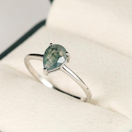 Angol Natural Moss Agate Ring 925 Sterling Silver Teardrop Engagement Promise Ring for Women Jewelry Gifts (6, Silver)