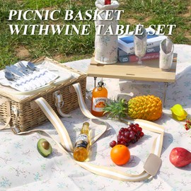HYBDAMAI Picnic Basket for 4 with Folding Table, Large Wicker Picnic Basket Set with Waterproof Blanket and Wine Pouch, Insulated Willow Hamper with Cutlery Kit for Camping, Couples, Wedding Gift