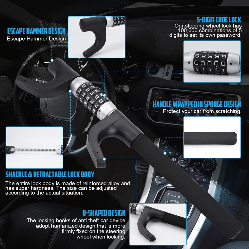 TIPHOPE Car Steering Lock Anti-Theft,Keyless Password High Security Wheel Lock
