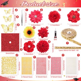 Wavwavw 43 PCS DIY Graduation Cap Decorations Kit, Grad Cap Decorations Included Faux Flowers 3D Butterfly Self Adhesive Rhinestones Stickers Alphabet Letter Stickers for Grad Party Decor(Red)
