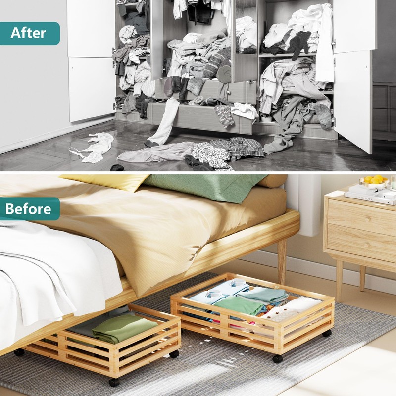 Wisuce Bamboo Under Bed Storage Containers- Underbed Organizer with Wheels