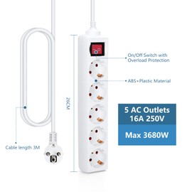 Aigostar Power Strip 5-Way with Switch, Table Socket, Child Lock, 3 m, Cable White