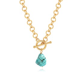PEARLADA Natural Turquoise Stone Pendant Necklace, Chunky 18k Gold Toggle Necklace, Statement Turquoise Jewelry for Women