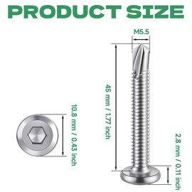 HXJDAM Pack of 60 Flat Head Hexagon Socket Screws Drilling Screws 5.5 x 45 mm 410 Stainless Steel Self-Tapping Screws Self Tapping with Hexagon Socket Drill