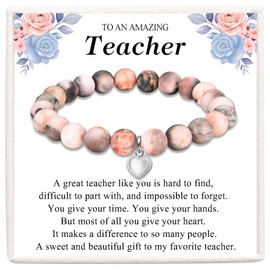 KORAS Teacher Gifts for Women, Thank You Teacher Gifts Pink Zebra Jasper Bracelet, Teacher Bracelet Leaving Gift End of Year Gift, Unique Teacher Presents for Women