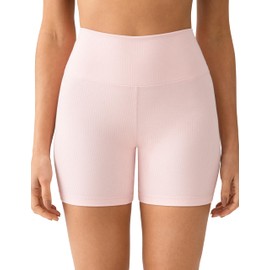 YUNOGA - Pantalones cortos de motociclista acanalados de cintura alta para mujer, 6 pulgadas, control de abdomen, elastano, yoga, entrenamiento, mallas atléticas, Pink Sude, Small