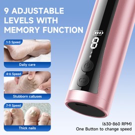 2-in-1 Electric Foot Callus Remover and Nail Filer. Cordless, with Digital Screen and 9 Adjustable speeds.（Flash Pink）