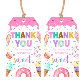 Serencatcher Donut Thank You Tags with String, 50pcs Thank You for Making My Birthday So Sweet Tags Donut Ice Cream Candy Thank You Gift Tags for Two Sweet Donut Grow Up Birthday Party Decorations