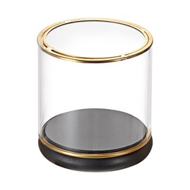 Hipiwe Vintage Display Case Clear Collectibles Showcase with Black Wooden Base Gold Frame Keepsake Box for Plants Action Figurine Models, Cylinder, 4 x 4 x 4.3 Inch