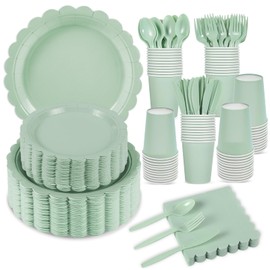 Xiangqu 350 Pcs Sage Green Plates and Napkins, 50 Guest Sage Green Party Supplies Include Sage Green Scalloped Plates Napkins Cup Plastic Spoon Fork Knive for Bridal Shower, Baby Shower, Wedding