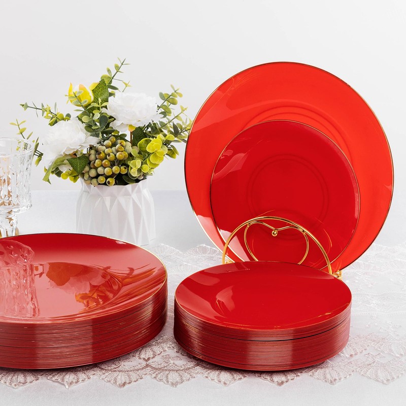 100PCS Red Gold Plastic Plates for 50 Guests, Hefty Disposable