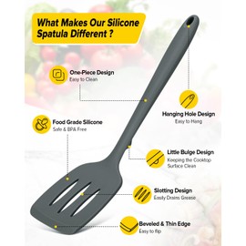 Pack of 2 Silicone Spatula Turners, Non Stick Slotted Kitchen Spatula Set, Heat Resistant BPA Free Kitchen Utensils, One-Piece Design, Suitable for Flipping Fish, Eggs, Steak, Pancakes(GRAY)