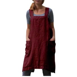 Pinafore Apron Kitchen Dress Cotton Linen Smock Cross Back (Red, Medium)