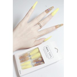 TINI STORE Press on Nails Medium Coffin Nails Press on Square Nails for Women, Long Fake Nails for Girls Solid Color Glue on Nails Long Acrylic Nails Set Natural False Nails in 24PCS (Yellow & Brown)