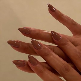 Uñas postizas cortas almendra, marrón tostado, stiletto corto, uñas acrílicas puntiagudas con cobertura total brillante, uñas postizas con pegamento, 