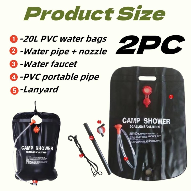 KLLJ Camping Shower, 2 Pieces Solar Shower Bag, Camping Shower
