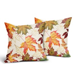 Fall Leaf Pillow Covers 18x18 Inch Set of 2 Happy Autumn Maple Leaf Throw Pillowcase Cotton Linen Square Fall Decor Fall Thanksgiving Cushion Cover for Sofa Bedroom Indoor Party