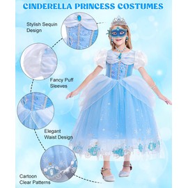 Princess Costumes for Girls, Cinderella Dress Up for Girls with Crown Fairy Wand Necklace Sets, Cinderella Princess Dress Long Skirt, Kids Fancy Dress for Carnival Party Bridesmaid Cosplay (A, 120)
