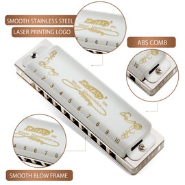 East top Blues Harmonica Key of Eb 10 Holes Diatonic Blues harp mouth organ Harmonica with White Cover, T008L Harmonica for Adults, Professional Player and Students