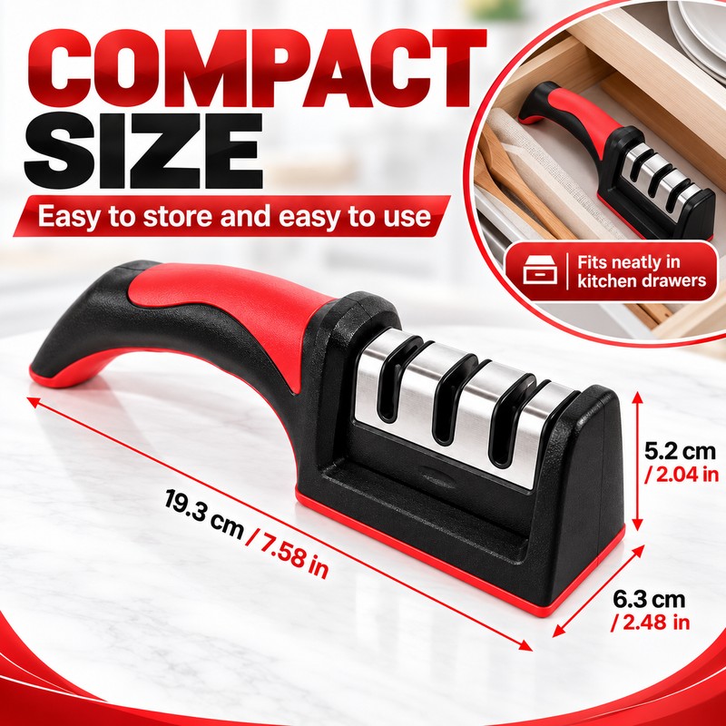 Red Carbon Steel Quick Knife Sharpener with Non-Slip Base for