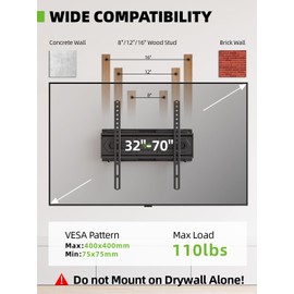 USX MOUNT TV Wall Mount for 32-70 inch Flat Screen/LED/4K up to 110lbs, Full Motion TV Mount Bracket with Swivel & Tilt Articulating Dual Arms, Max VESA 400x400mm, Fits 12/16" Wood Studs