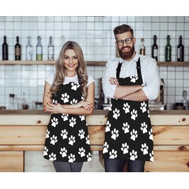 Moslion Dog Paw Prints Black White Apron, Adjustable Neck Bib Apron for Men Women,Suitable for Kitchen Cooking Waitress Chef Apron