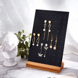 PandaHall Acrylic Earring Display Pegboard, 77 Holes Black Earring Holder Stand Jewellery Organiser Jewellery Display Rack with Natural Wood Base for Retail Earring Pens Jewellery Display, 24 x 15 cm