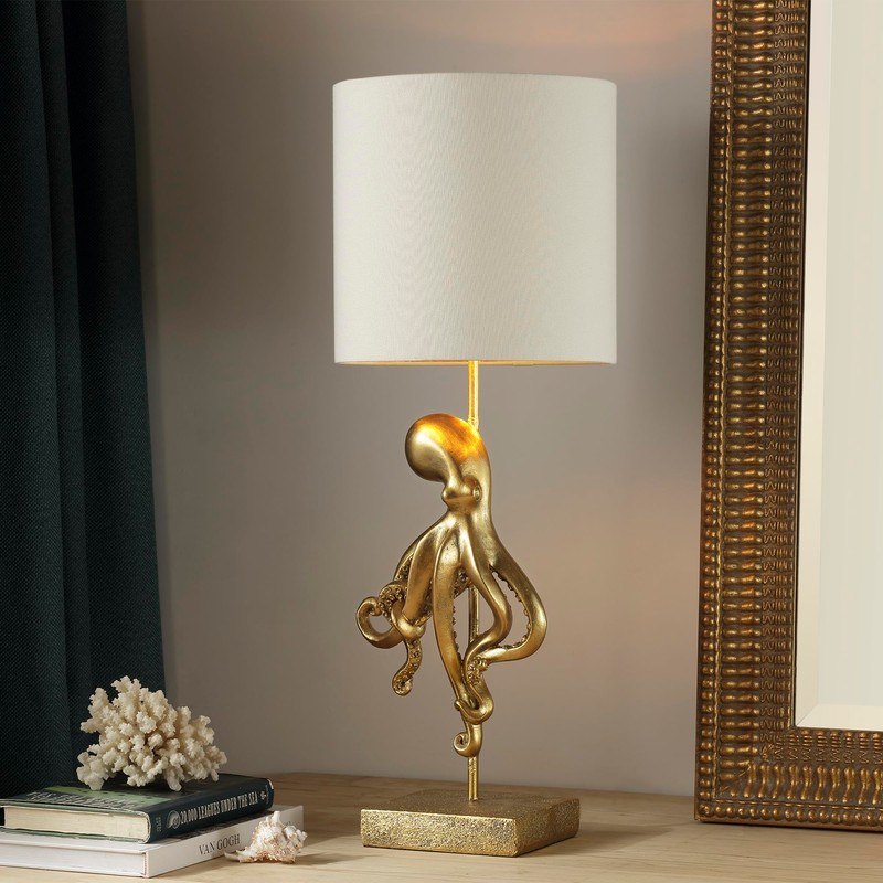 Octopus Table Lamp, Gold Finish, 26 Inches Tall, White Shade