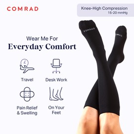 Comrad Nylon Knee High Socks - 15-20mmHg Graduated Compression Socks, (Wide Calf Medium, Black) - Soft & Breathable Support Socks for Men, Pregnant Women, Nurses, Home, Work, & Travel