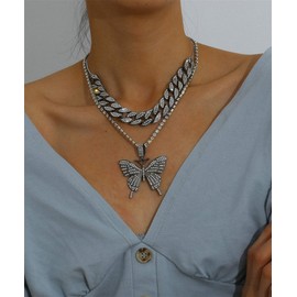 HMOOY Butterfly Cuban Link Necklace Women Hip Hop Choker Necklace Big Butterfly Pendant Necklace Tennis Chain Necklace Fashion Jewelry for Women (Black)