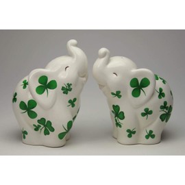 Fine Ceramic Shamrock Prints Design Lucky Trunk Up Elephant Salt & Pepper Shakers Set, 3-1/2" H