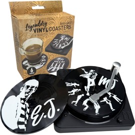 Funny Retro Record Coasters for Drinks with Vinyl Player Holder,Novelty 6 Pieces Vinyl Disk Coasters for Drinks,Bars,Party,Birthday Gifts for Music Lovers,Home Decor and White Elephant IdeasGifts