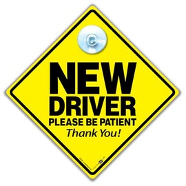 New Driver Sign, Yellow and Black Text Suction Cup Car Sign For New Drivers, 14cm x 14cm