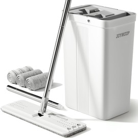 JOYMOOP Mop and Bucket with Wringer Set, White Flat Squeeze Bucket Set for Floor Cleaning, Wet Dry Wall Cleaner with Long Handle, Hardwood Floor Mop-3 Microfiber Cloths