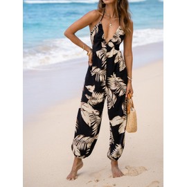 CUPSHE Women's Summer Jumpsuit Plunge Halter Sleeveless Pleated Long Romper Knit Jogger Maxi Overall with Pockets Black Tropical, M