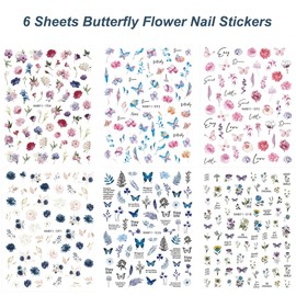 Flower Nail Stickers Colorful Butterfly Floral Nail Art Decals 3D Self-Adhesive Spring Flower Leaves Pattern Nail Art Accessories for Nail Art Women Acrylic Nail Art Stickers Craft DIY Decor 6 Sheets