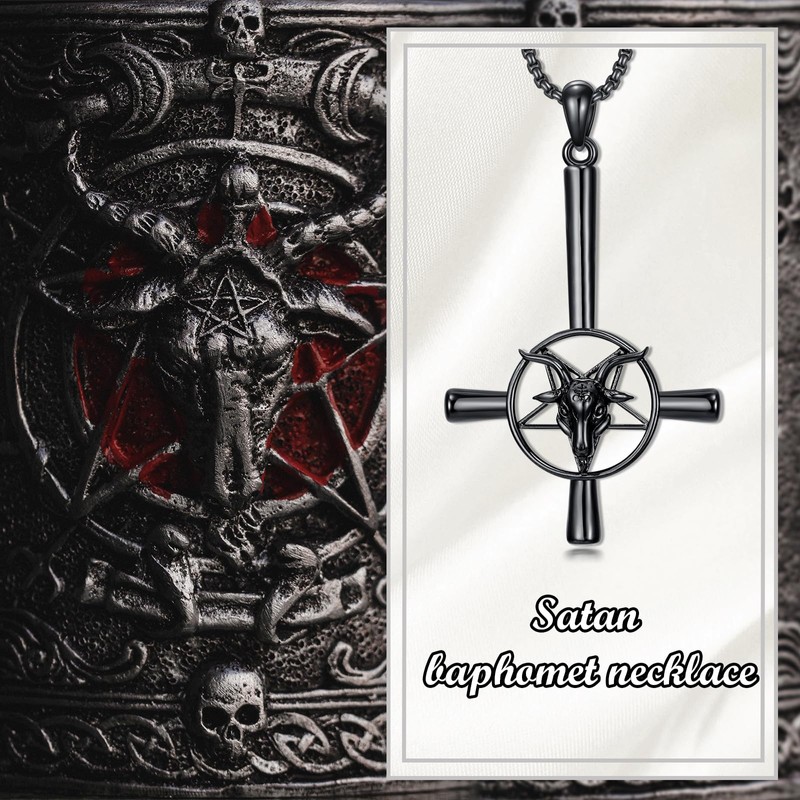 MEIDERBO Satan Baphomet Necklace 925 Sterling Silver Satanic Goat Head