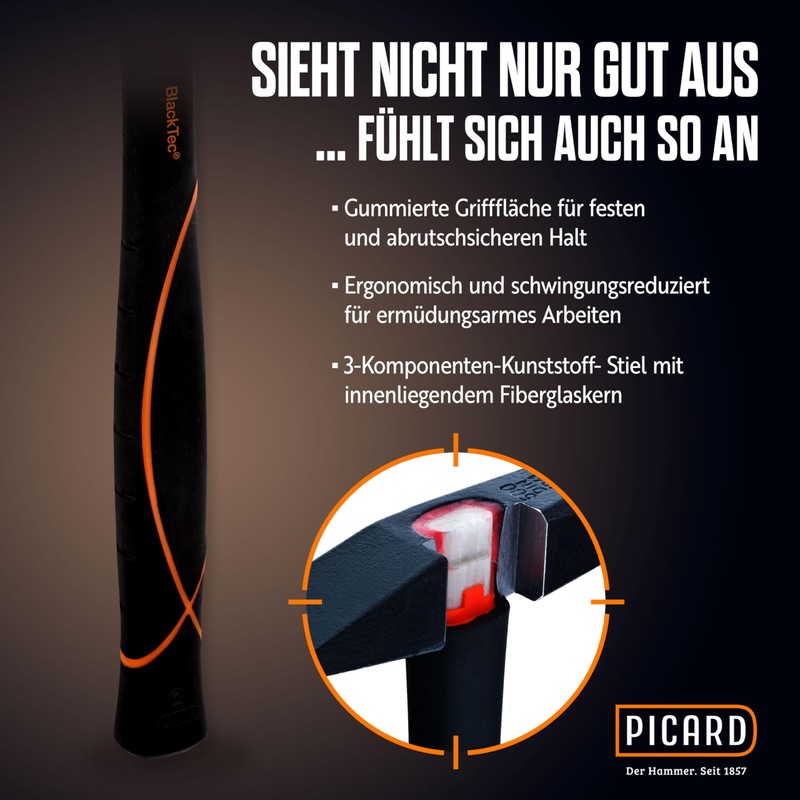 Picard 0032700-0600 Hand-/Rivetting Hammer 600g German Pattern of fibreglass, Black