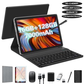 Android Tablet 2024 Newest Tablet 10 inch, Android Tablet with Keyboard,128GB ROM 16GB RAM TF1TB Expand,Octa-Core Tablet with 5GWiFi,1080FHD,13MP+8MPCamera,Bluetooth5.0,GPS,Mouse,Case,Black 10  inch - Color: Black