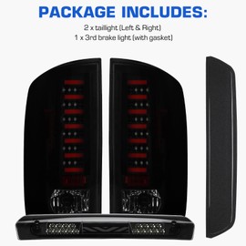 Gubebaili LED Tail Light + 3rd Brake Light Kit Fit for Dodge Ram 1500 2002-2006 / Fit for Dodge Ram 2500 3500 2003-2006 Rear Brake Cargo Lamp Taillight Assembly, Black Housing Smoke Lens